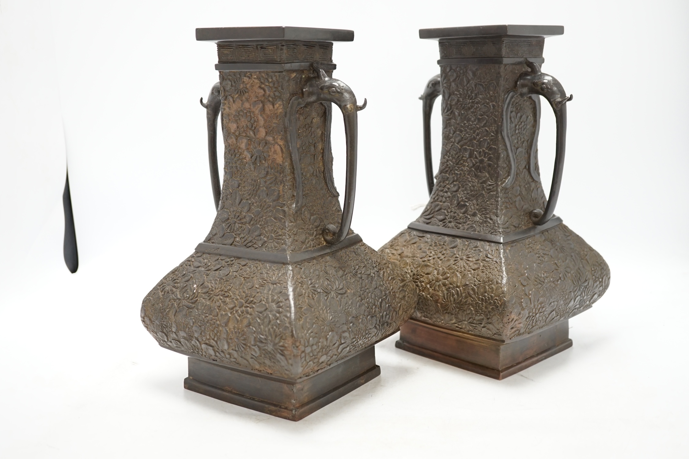 A pair of Japanese Meiji period bronze vases, 30cm. Condition - fair